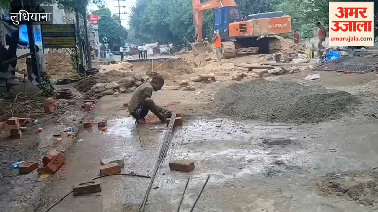 Construction work is underway on the road that caved in at Ludhiana.