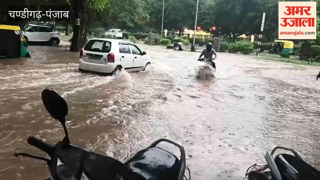 Vehicle movement disrupted in Chandigarh's Sector 9 following heavy rain.