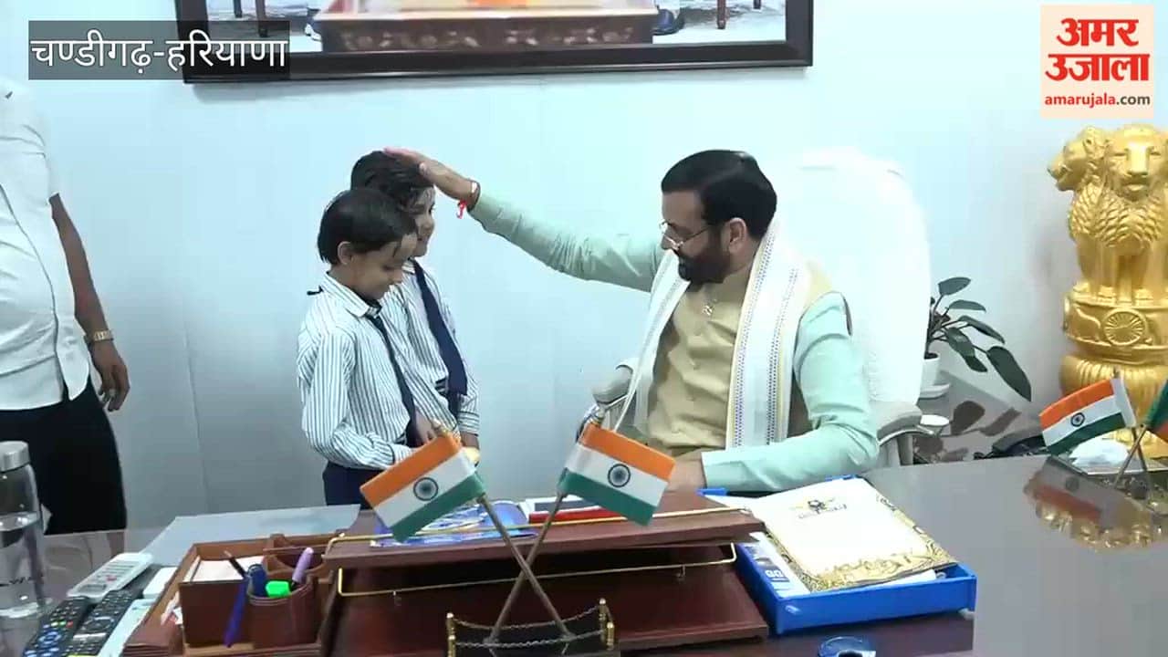 Schoolgirls tied Rakhis to Chief Minister Nayab Singh Saini.