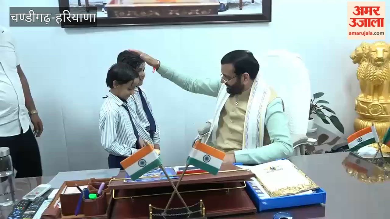Schoolgirls tied Rakhis to Chief Minister Nayab Singh Saini.