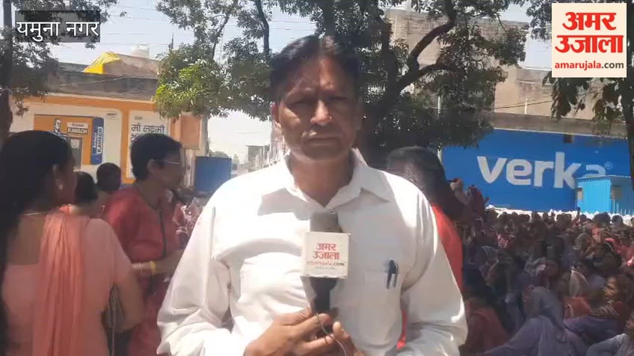 Anganwadi workers stage a protest at the Jagadhri grain market in Yamunanagar, warning of a hunger strike if their demands are not met.