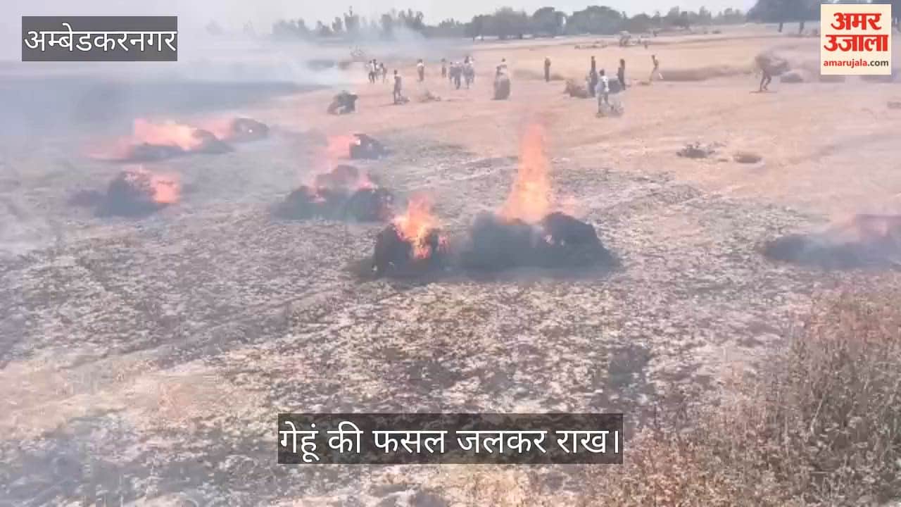 VIDEO: जलालपुर में भीषण आग, कई किसानों की गेहूं की फसल जलकर राख