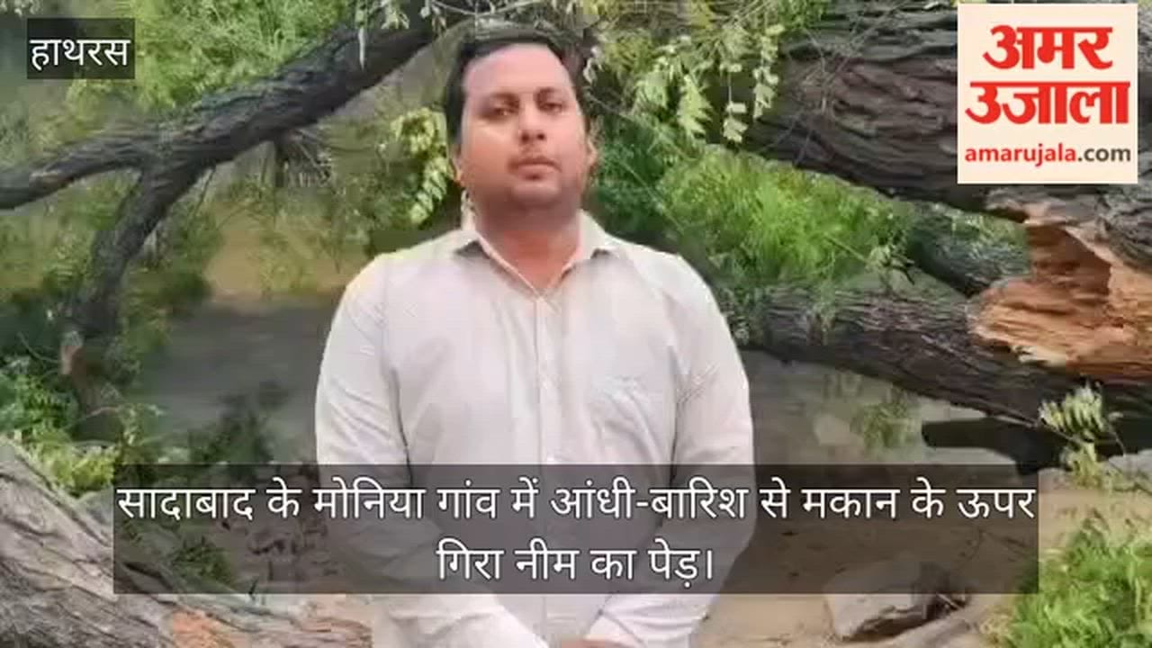 सादाबाद के मोनिया गांव में आंधी-बारिश से मकान के ऊपर गिरा नीम का पेड़