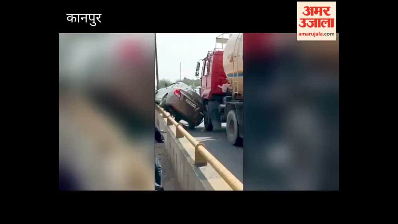 Kanpur: Car mounts railing after truck collision; massive traffic jam ensues