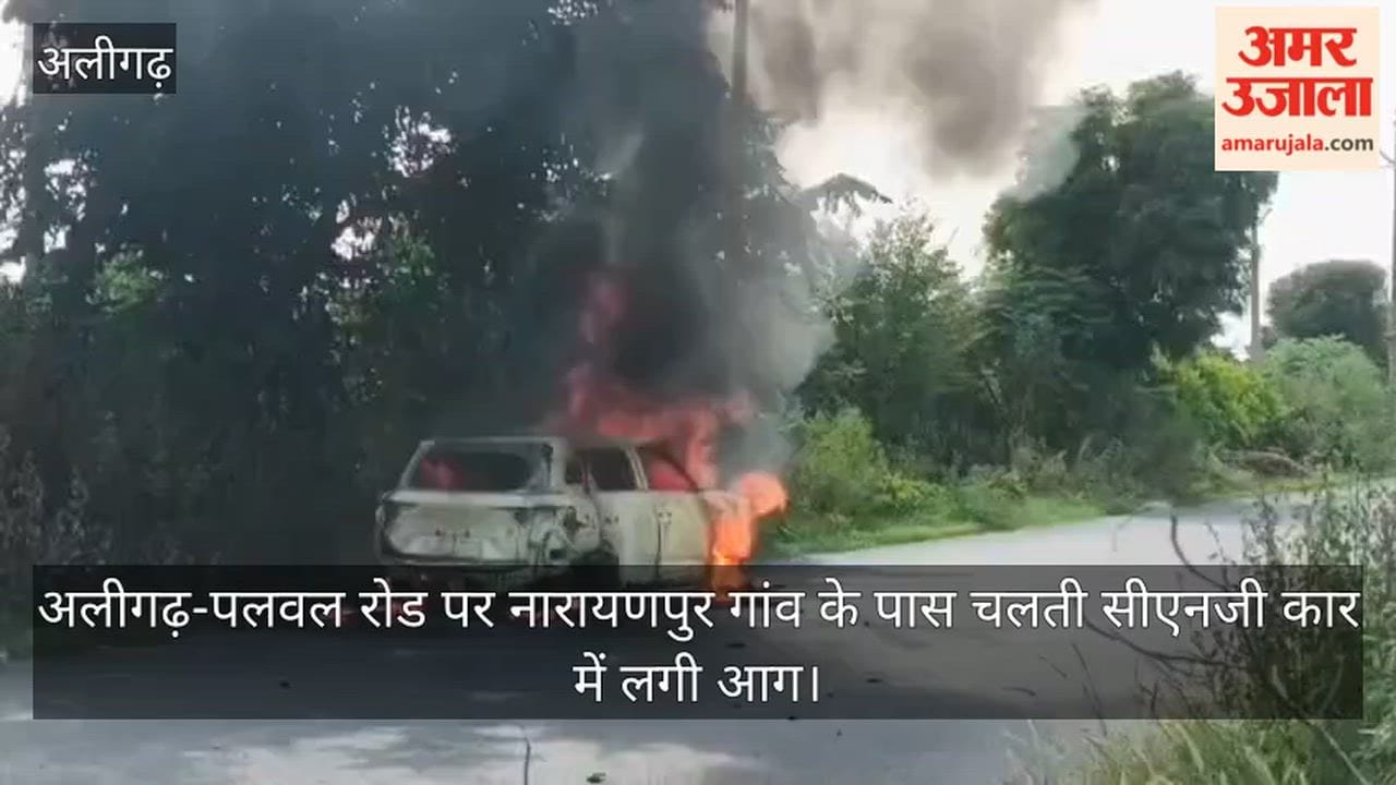 अलीगढ़-पलवल रोड पर नारायणपुर गांव के पास चलती सीएनजी कार में लगी आग
