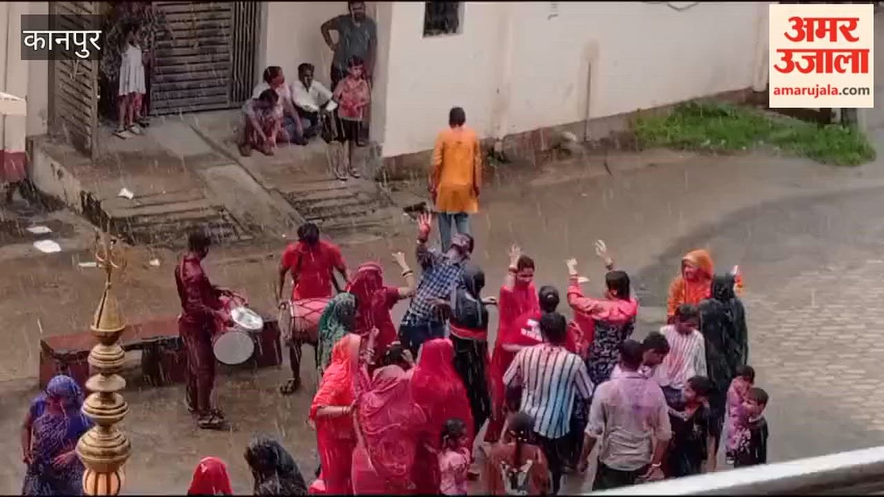 Lord Ganesha immersion procession taken out in Mandhana amidst heavy rain, with people dancing beat of drums