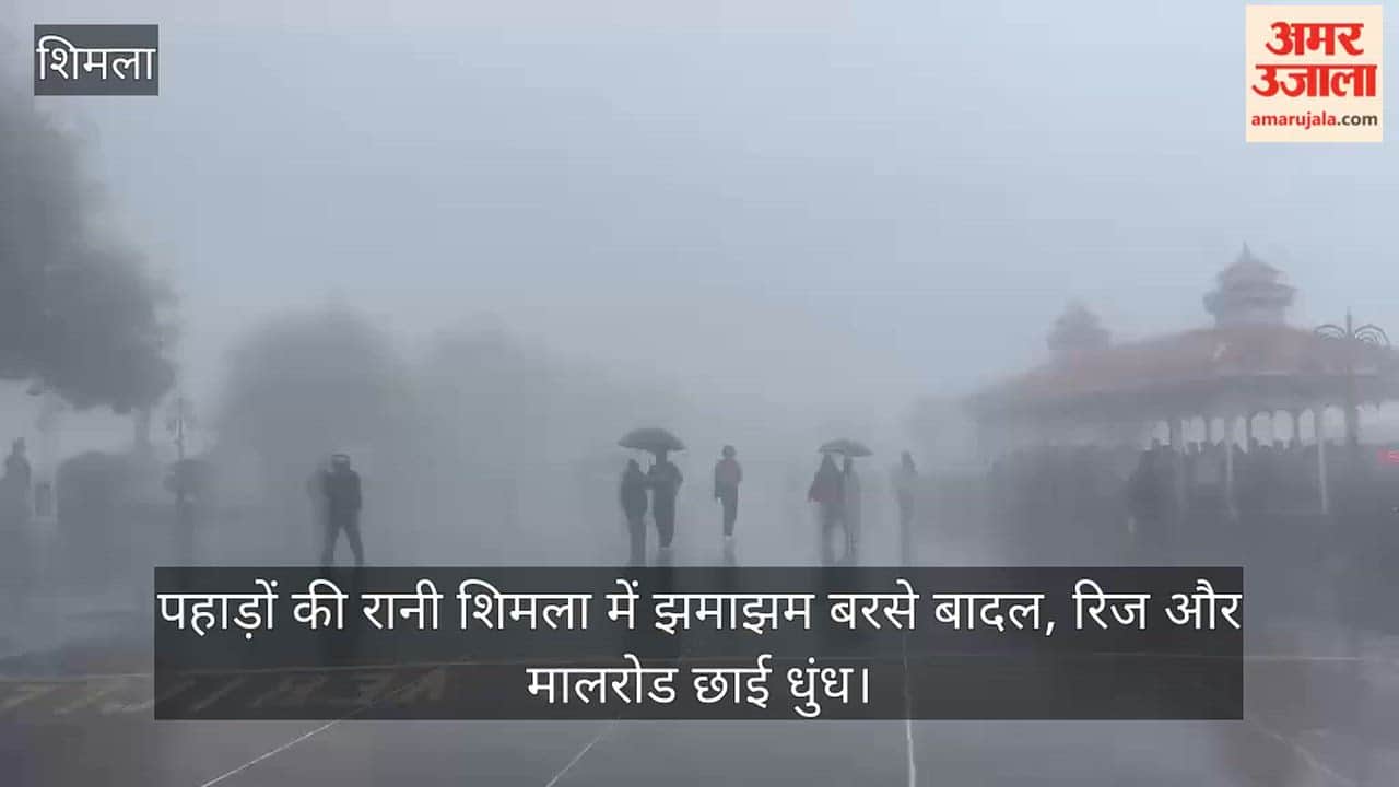Heavy rain lashes Shimla—the 'Queen of Hills'; mist blankets the Ridge and Mall Road.