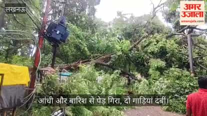 VIDEO: गोमती नगर में आंधी और बारिश से पेड़ गिरा, दो गाड़ियां दबीं
