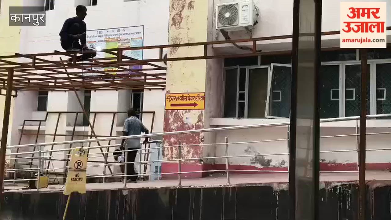 Tin shed being installed at Kanshiram Hospital to protect patients and attendants from sun and rain