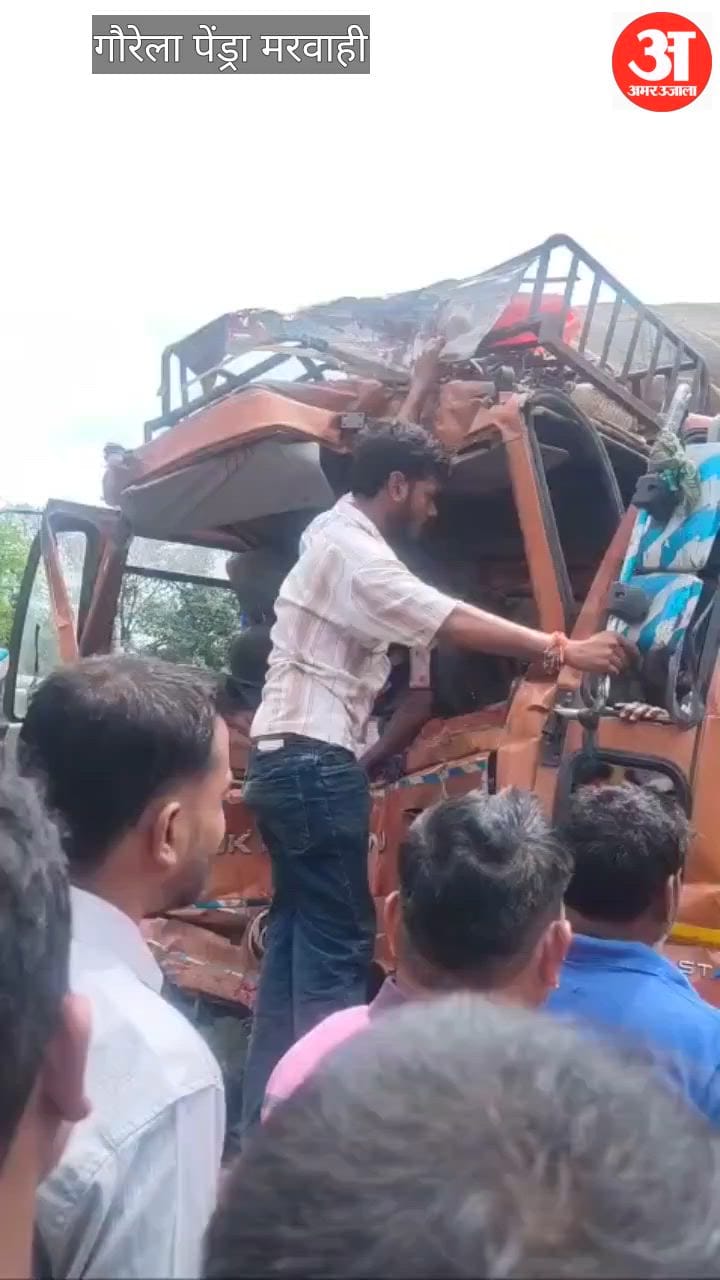 A severe head-on collision between two trucks occurred on the main road of Amarpur village, in front of the co