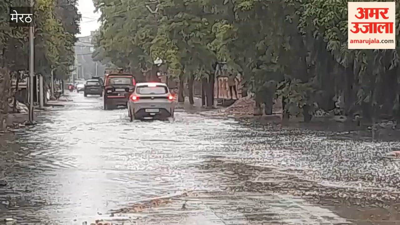 Heavy Waterlogging on Road to Sports Complex in Meerut, Vehicles Crawl Through Knee-Deep Water