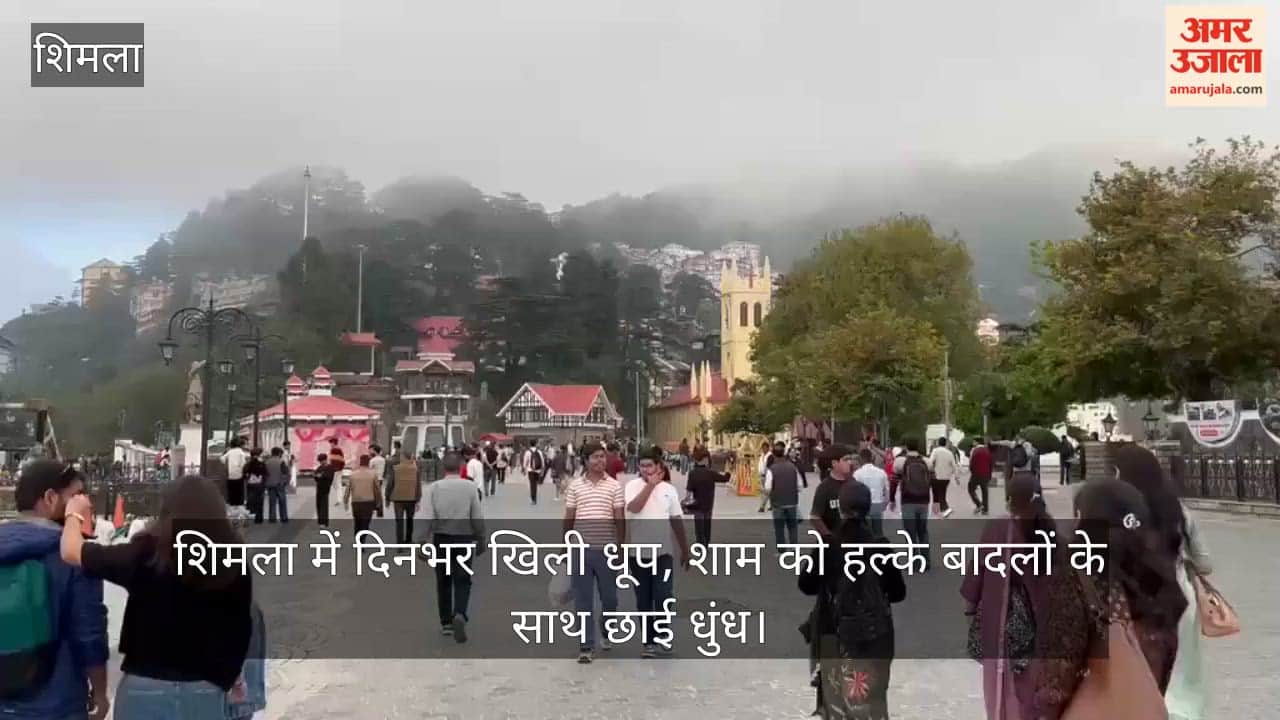 Bright sunshine in Shimla throughout the day; light clouds and haze set in by evening.