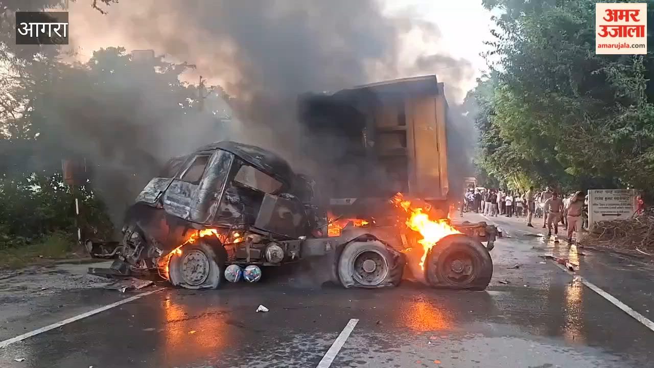 Major Accident on Agra-Aligarh Highway: Container-Dumper Collision Sparks Fire, Biker Caught in Blaze; 2 Feared Dead