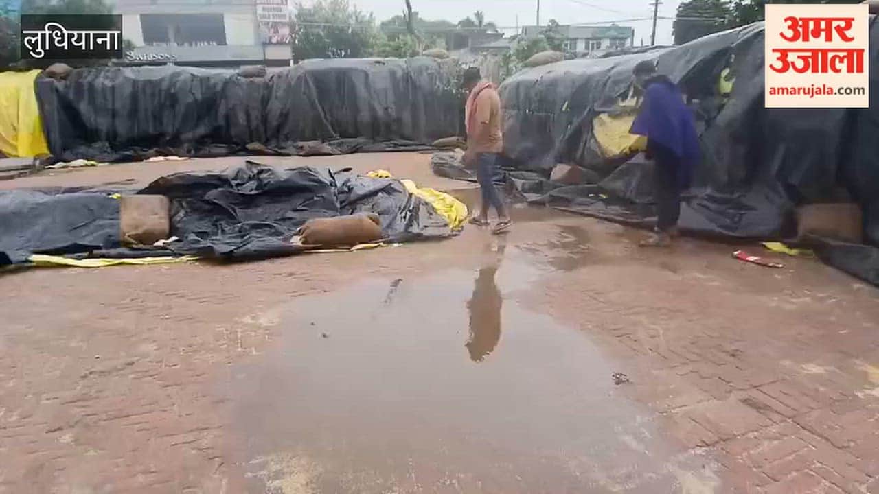 Paddy crop covered with tarpaulins at Howrah Road Dana Mandi to protect it from rain