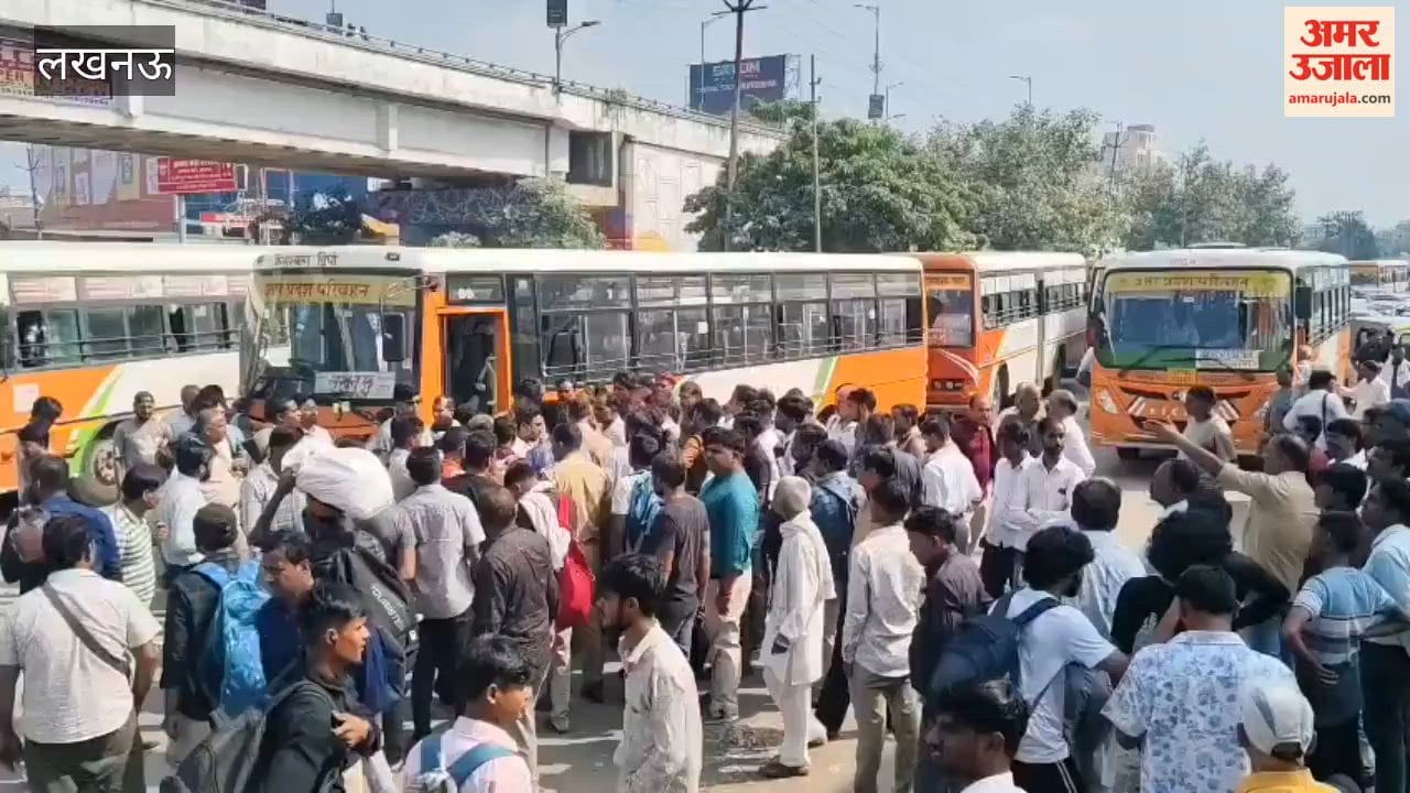 Roadways employees staged protest by blocking road outside Awadh bus station in Lucknow