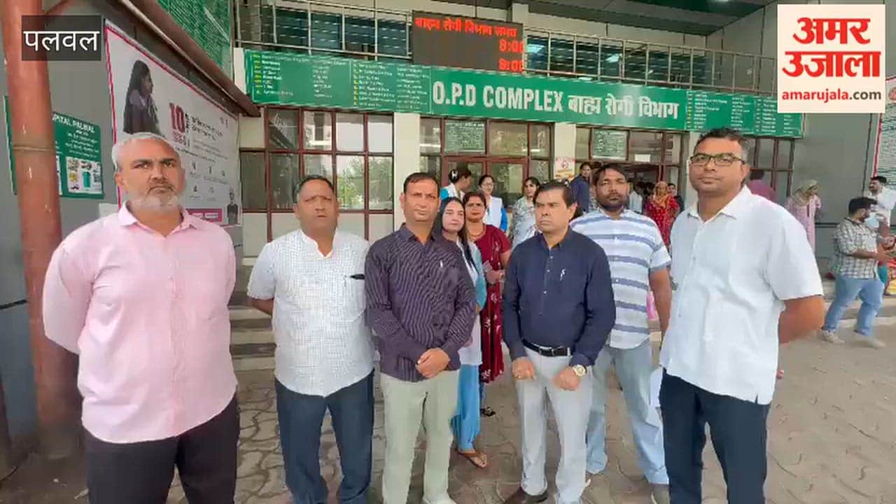 Protest by NHM employees at Palwal Civil Hospital