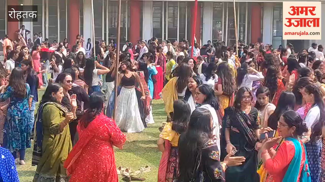 Dandiya festivities in full swing at a women's college in Rohtak; students dance to DJ music