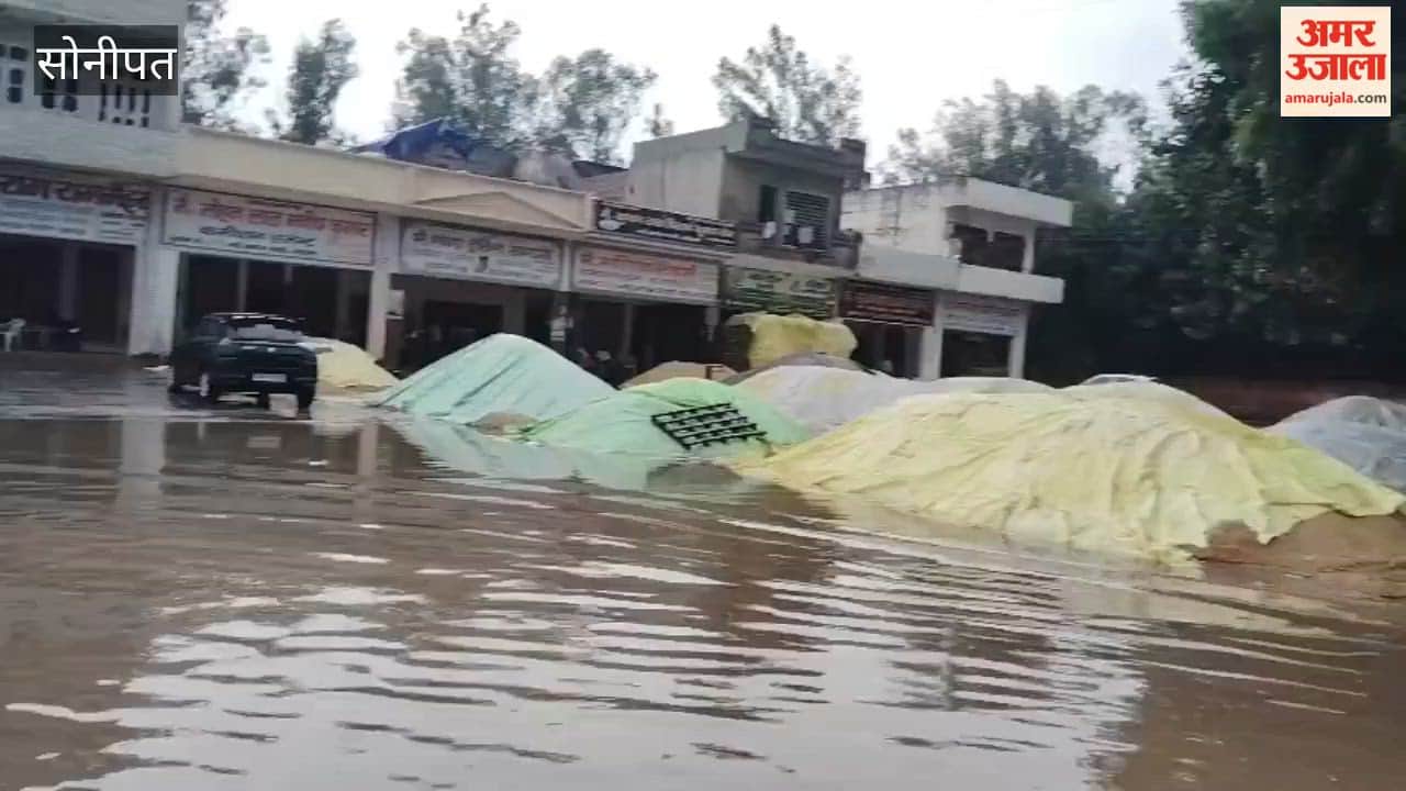 In Gohana, Sonipat, unseasonal heavy rain has led to waterlogging at the grain market, with rainwater accumulating near the piles of harvested crops.
