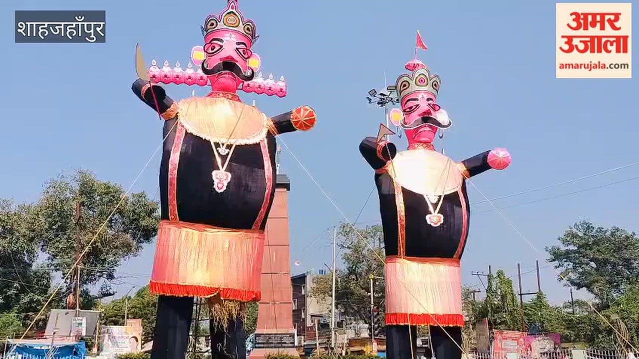 Effigies of Ravana and Meghnad standing at the Khirnibagh Ramlila Ground