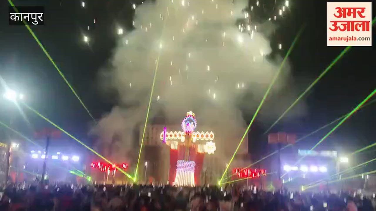 Effigy of Ravana set ablaze following fireworks at the parade; chants of 'Jai Shri Ram' echoed