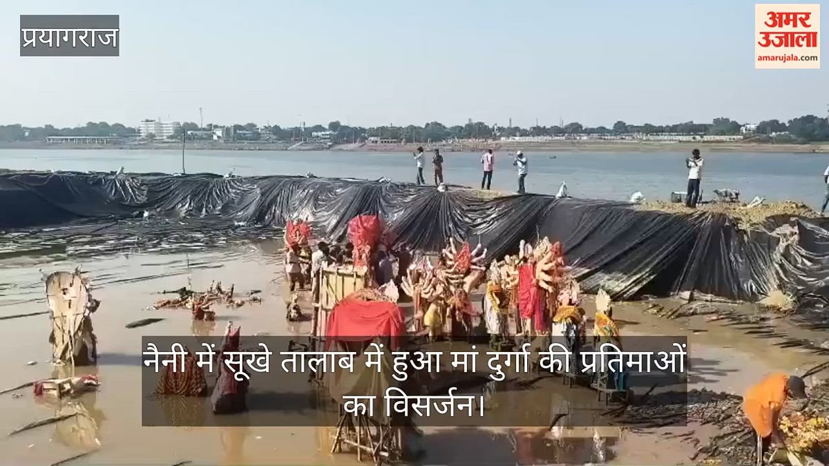 नैनी में सूखे तालाब में हुआ मां दुर्गा की प्रतिमाओं का विसर्जन, नगर निगम के खिलाफ लोगों में दिखा गहरा आक्रोश