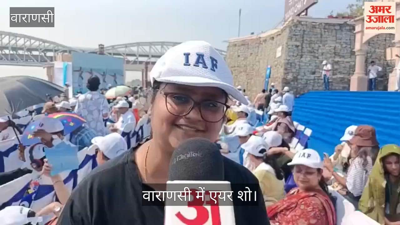 Crowds gathered at Namo Ghat to witness aerial maneuvers by Rafale, Sukhoi, and Tejas aircraft