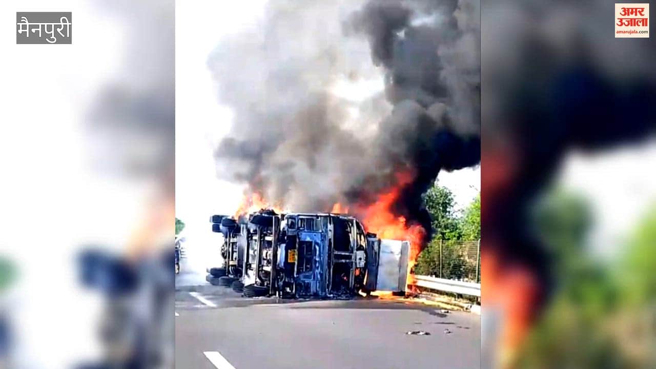 Truck overturns and catches fire on Agra-Lucknow Expressway after a tyre bursts